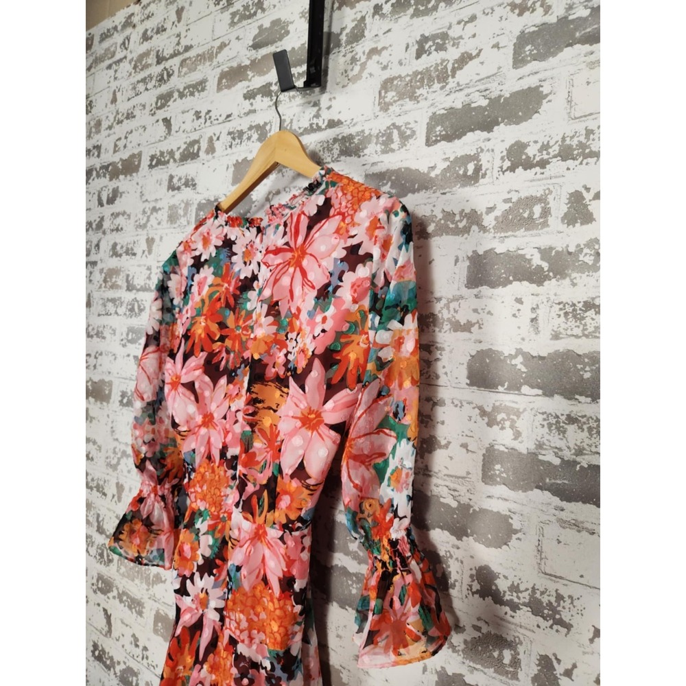 Tahari Arthur S. Levine Faux Wrap Dress Size 8 Red Pink Floral Belted 3/4 Sleeve - Picture 10 of 16